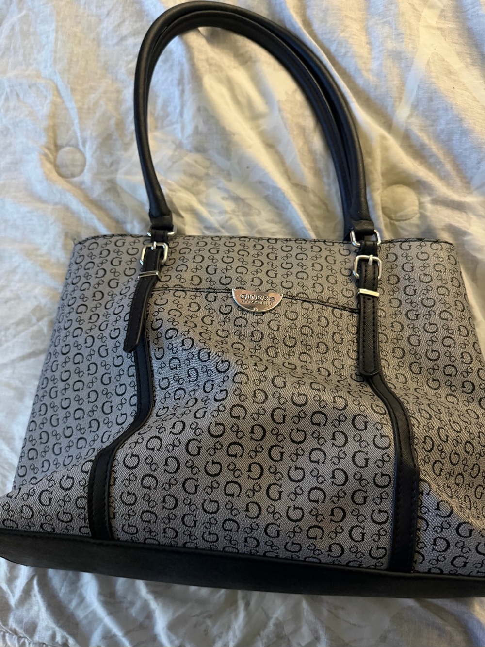 Guess Gray Logo Tote Bag with Black Trim